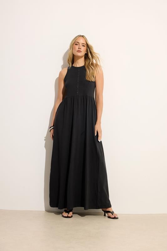  LTS Tall Black Button Detail Cotton Maxi Dress