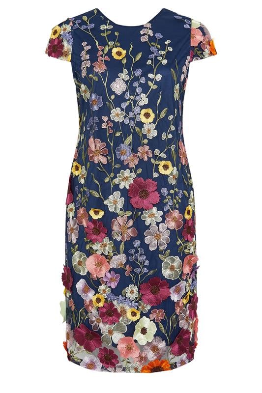 YOURS LONDON Plus Size Navy Blue & Pink Floral 3D Embroidered Shift Dress | Yours Clothing 6