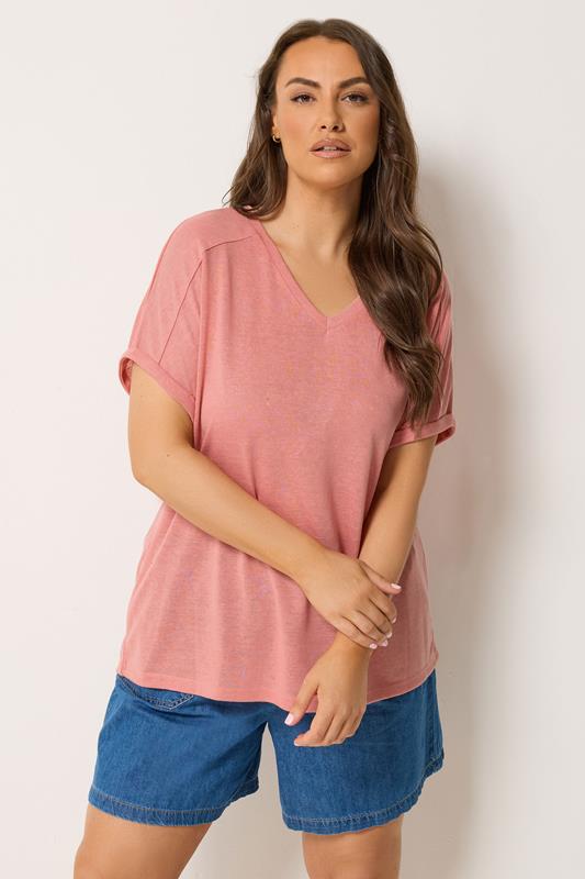  YOURS Curve Pink Premium Linen Look T-Shirt