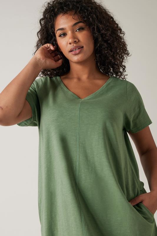 EVANS Plus Size Khaki Green Cotton Midi Dress | Evans 4