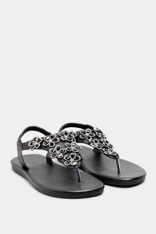 Plus Size Black Diamante Flower Sandals In Wide E Fit & Extra Wide EEE Fit | Yours Clothing 2