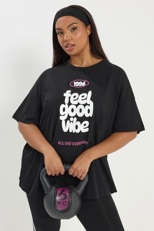 YOURS ACTIVE Curve Black 'Feel Good Vibe' T-Shirt