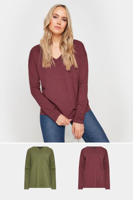 LTS Tall Women's 2 PACK Burgundy Red & Khaki Green Long Sleeve T-Shirts | Long Tall Sally  1