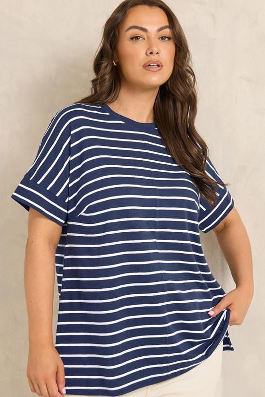 EVANS Plus Size Navy Blue Stripe Cotton T-Shirt | Evans 1