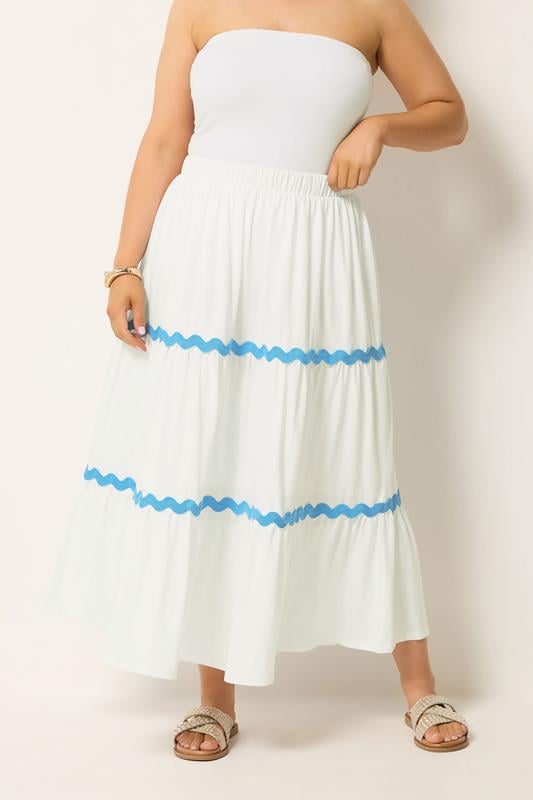  YOURS Curve White Wavy Detail Tiered Maxi Skirt