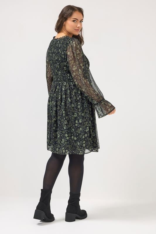 YOURS Plus Size Black Floral Shirred Mini Dress | Yours Clothing 2