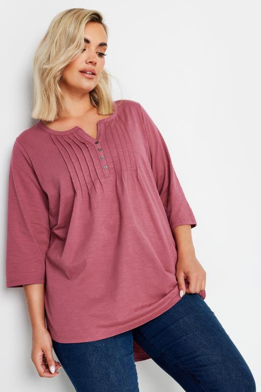 YOURS Plus Size Rose Pink Pintuck Henley Top | Yours Clothing 1