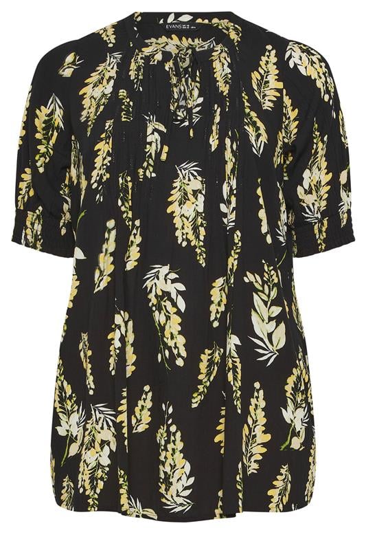 EVANS Plus Size Black Floral Print Pintuck Tie Neck Blouse | Evans 5