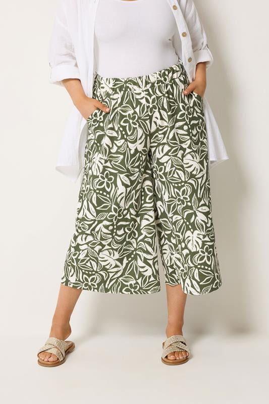  YOURS Curve Khaki Green Leaf Print Culottes