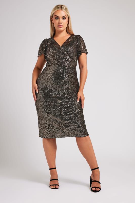 Plus Size  YOURS LONDON Curve Black & Gold Sequin Embellished Wrap Dress