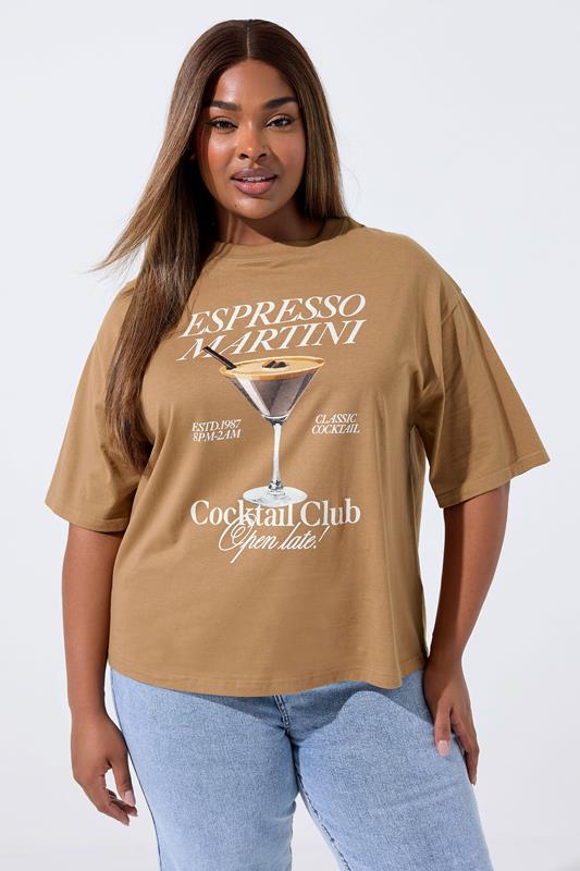 LIMITED COLLECTION Plus Size Mocha Brown 'Espresso Martini' Slogan T-Shirt | Yours Clothing 1