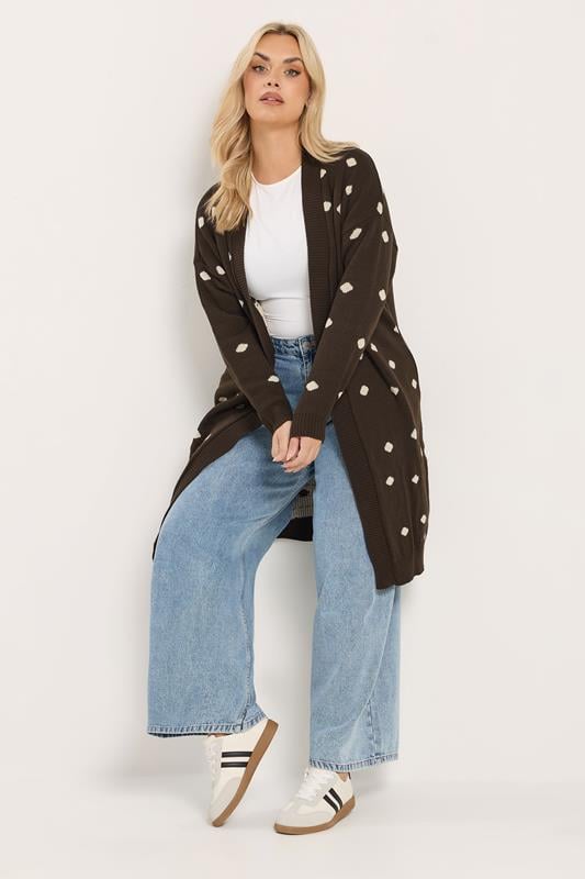 YOURS Plus Size Chocolate Brown Polka Dot Knitted Cardigan | Yours Clothing 1
