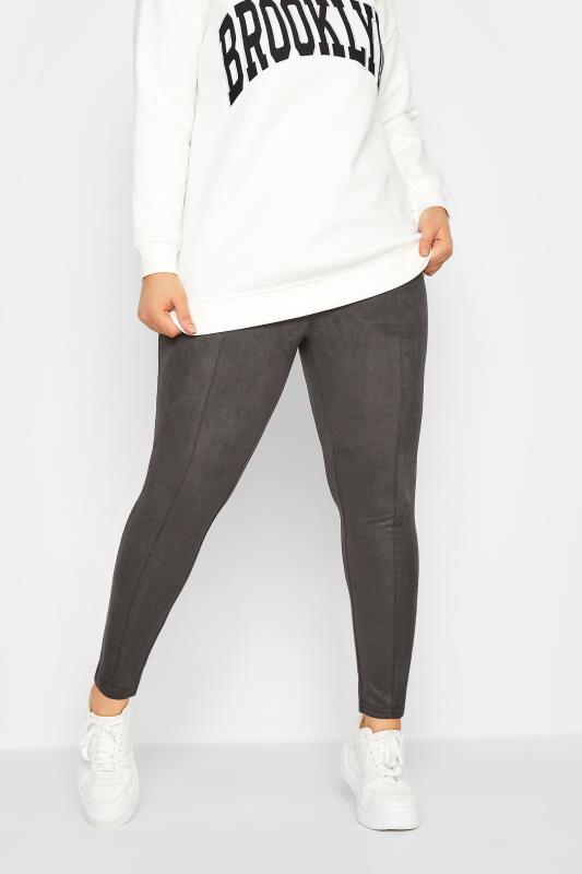 Plus Size  YOURS Curve Charcoal Grey Stretch Soft Touch Faux Suede High Waisted Leggings