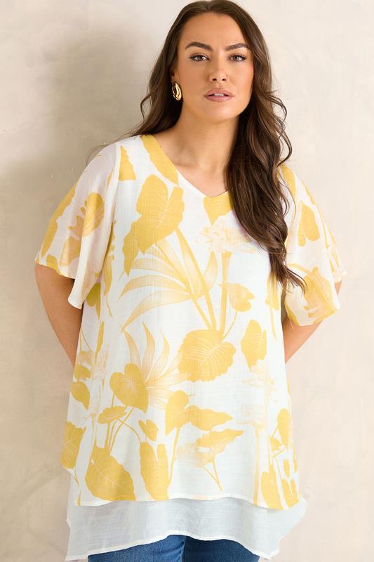 EVANS Curve Yellow Floral Double Layer Angel Top