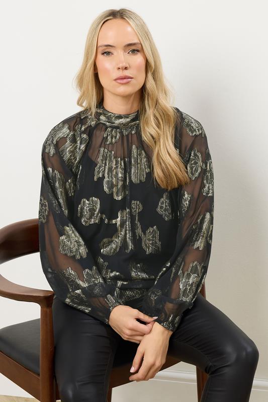 Tall  LTS Tall Black Floral Jacquard High Neck Blouse
