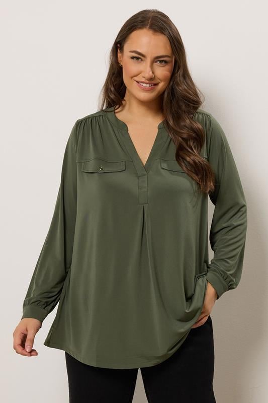 Plus Size  EVANS Curve Khaki Green Notch Neck Utility Shirt