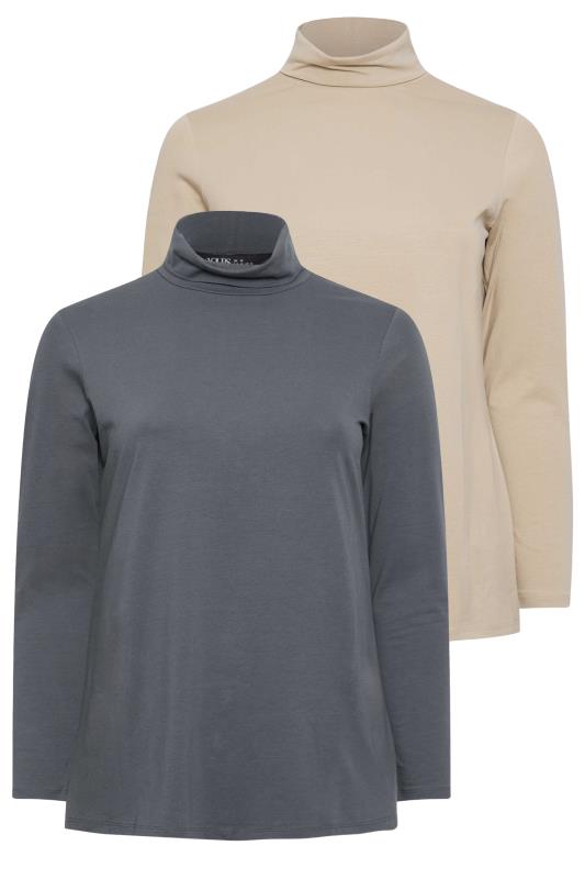 YOURS 2 PACK Plus Size Charcoal Grey & Beige Brown Turtle Neck Tops | Yours Clothing 7