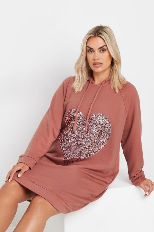 YOURS Plus Size Pink Sequin Embellished Heart Hoodie Dress | Yours Clothing  1