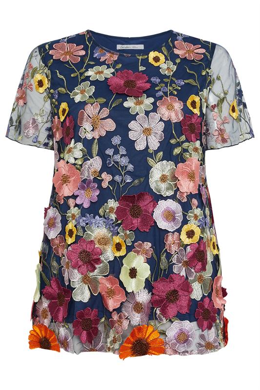 YOURS LONDON Plus Size Navy Blue 3D Floral T-Shirt | Yours Clothing 5
