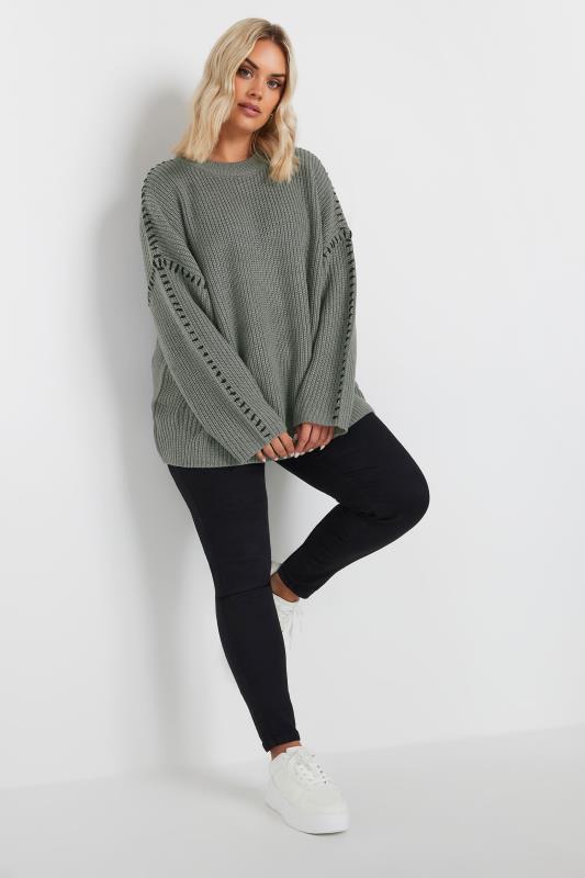 YOURS Plus Size Grey Contrast Blanket Stitch Jumper | Yours Clothing 3