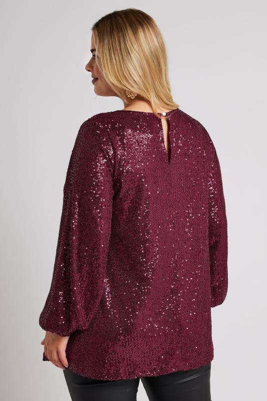 YOURS LONDON Plus Size Burgundy Red Sequin Keyhole Top | Yours Clothing 4