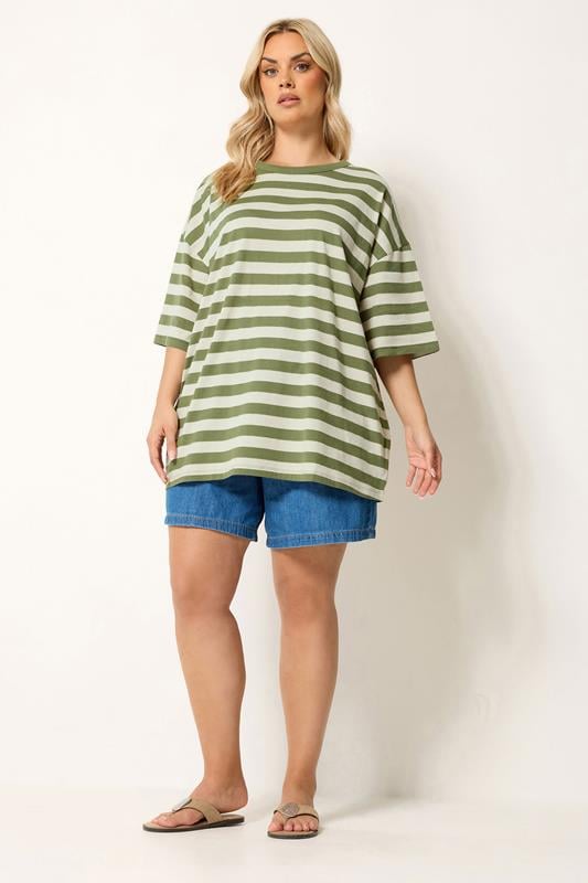YOURS Plus Size Khaki Green & Cream Boxy T-Shirt | Yours Clothing 1