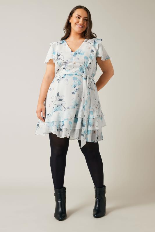 EVANS Plus Size White Blue Floral Print Ruffle Dress Evans