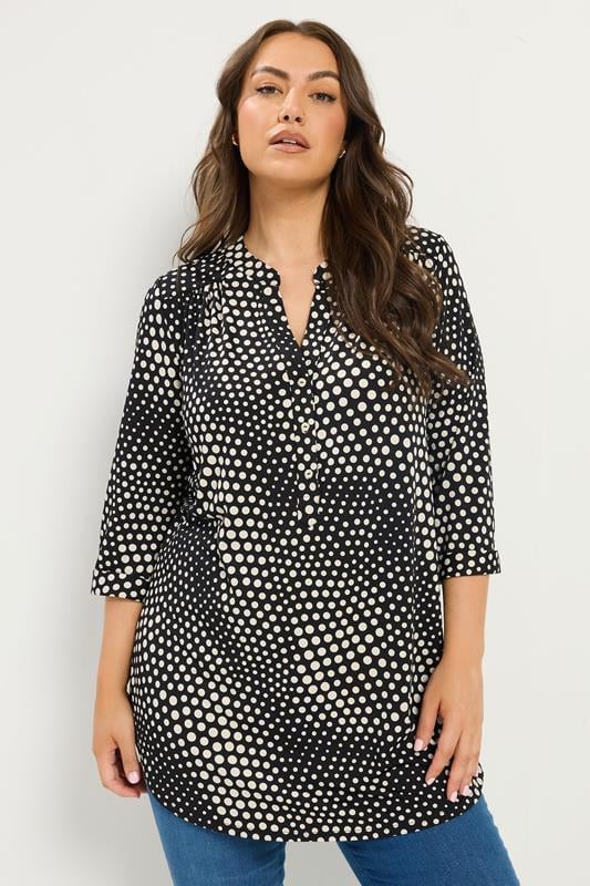 YOURS Plus Size Black Polka Dot Half Placket Shirt | Yours Clothing 1