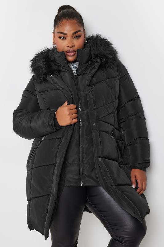 YOURS Plus Size Black Faux Fur Trim Puffer Coat | Yours Clothing 1