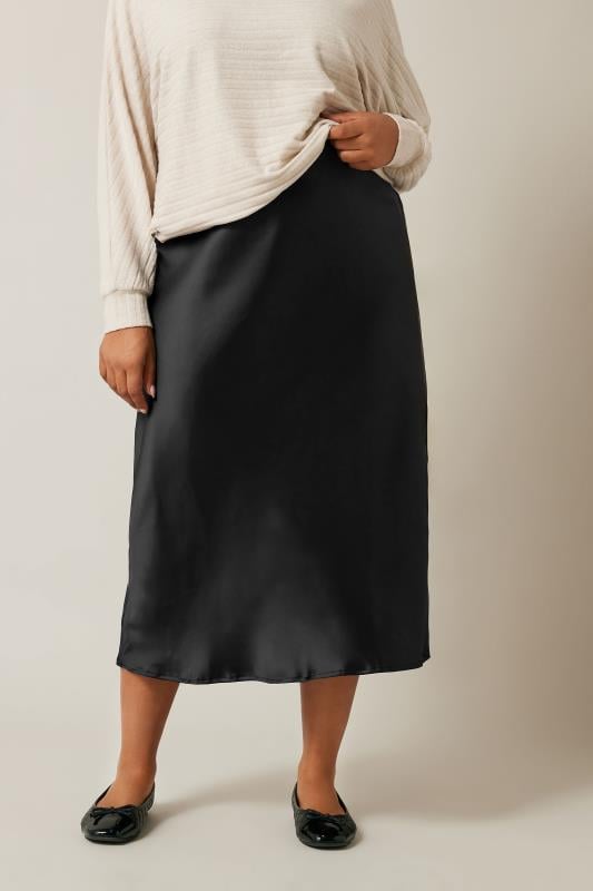 EVANS Plus Size Black Satin Midi Skirt | Evans 1