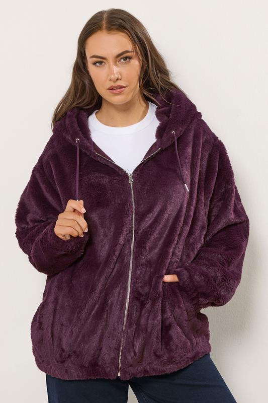 YOURS Plus Size Burgundy Red Faux Fur Hooded Jacket | Yours Clothing 1
