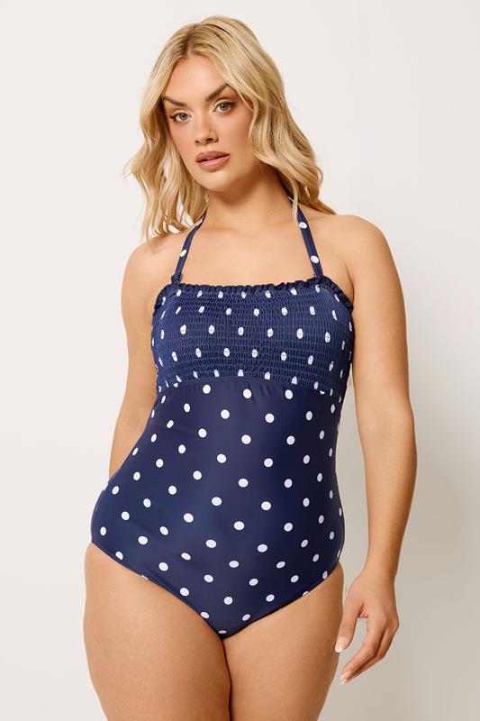YOURS Plus Size Navy Blue Polka Dot Shirred Swimsuit | Yours Clothing 2