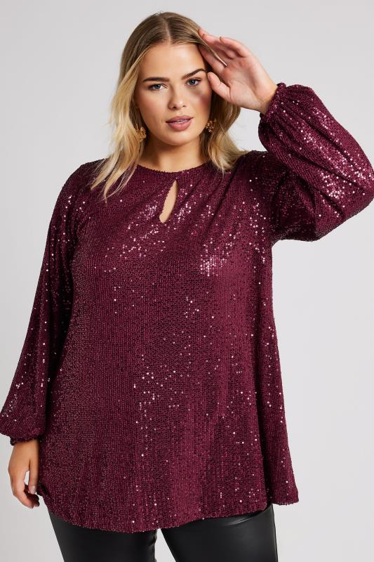 YOURS LONDON Plus Size Burgundy Red Sequin Keyhole Top | Yours Clothing 2