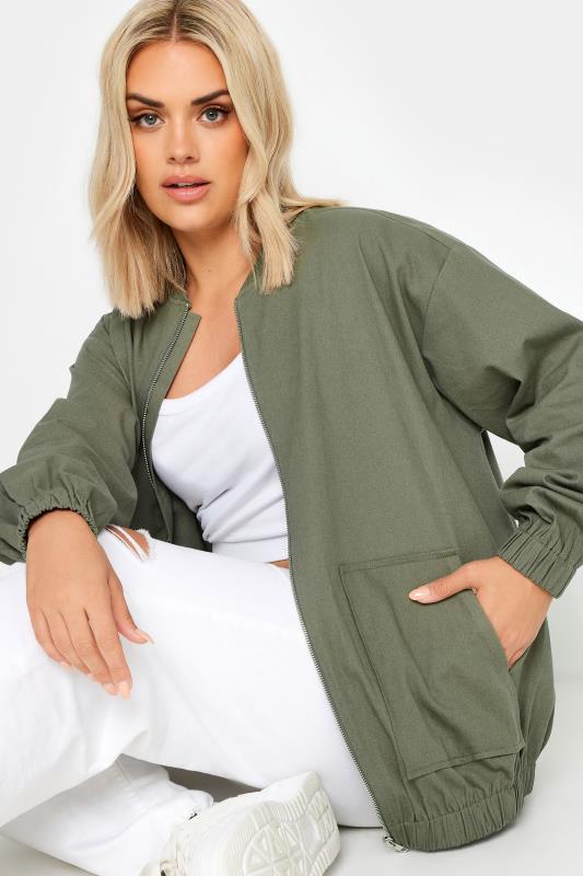 YOURS Plus Size Khaki Green Twill Bomber Jacket | Yours Clothing 4