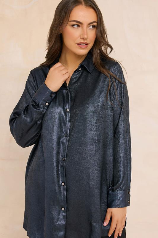 Plus Size  EVANS Curve Navy Blue Metallic Long Sleeve Shirt