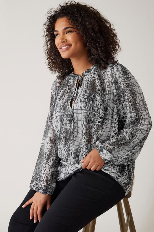 Plus Size  EVANS Curve Grey Snake Print Tie Neck Blouse