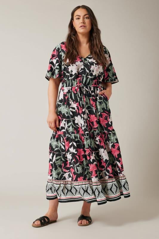 EVANS Plus Size Black Floral Design Border Print Midi Dress | Evans 1