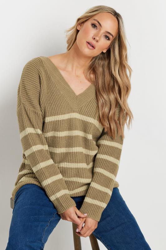 LTS Tall Womens Brown V-Neck Stripe Jumper | Long Tall Sally  2