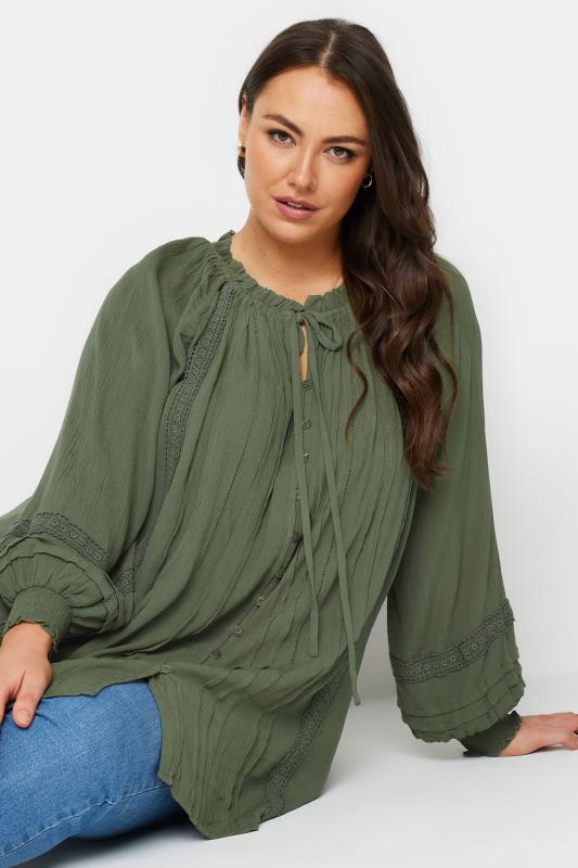 YOURS Plus Size Khaki Green Crinkle Tie Neck Blouse | Yours Clothing 1