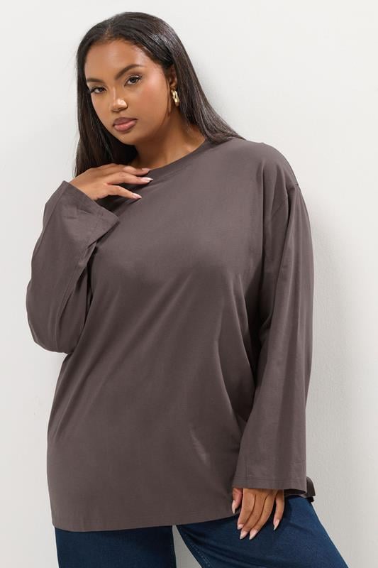YOURS Plus Size Mocha Brown Seam Detail Oversized Top | Yours Clothing 1