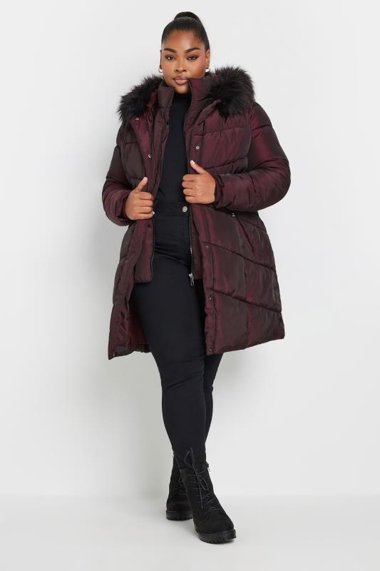 YOURS Plus Size Red Faux Fur Trim Puffer Coat | Yours Clothing 3