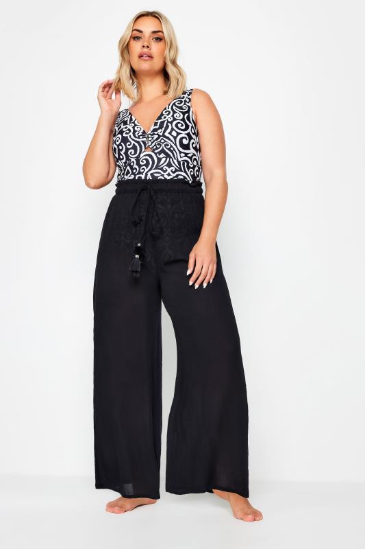 Plus Size Black Wide Leg Beach Trousers | Yours Clothing 3