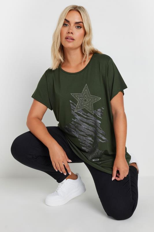 YOURS Plus Size Green Glitter Star Print T-Shirt | Yours Clothing 1