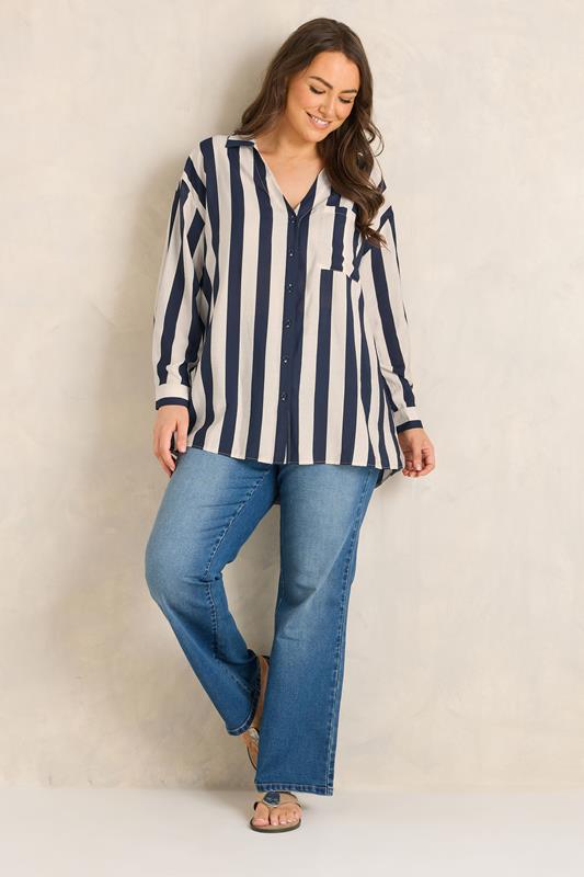 EVANS Plus Size Navy Blue & Cream Stiped Shirt | Evans 1