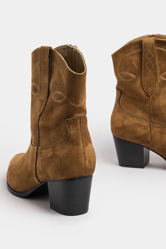 Brown Faux Suede Contrast Stitch Western Heel Ankle Boots In Extra Wide EEE Fit | Yours Clothing 4