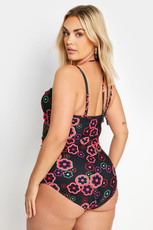 YOURS Plus Size Black & Pink Floral Halter Neck Swimsuit | Yours Clothing 6