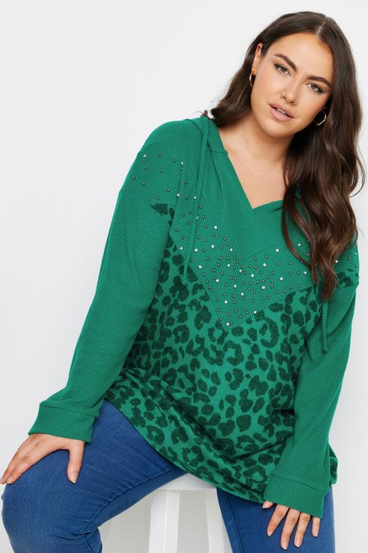 YOURS Plus Size Green Leopard Print Embellished Hoodie | Yours Clothing 1