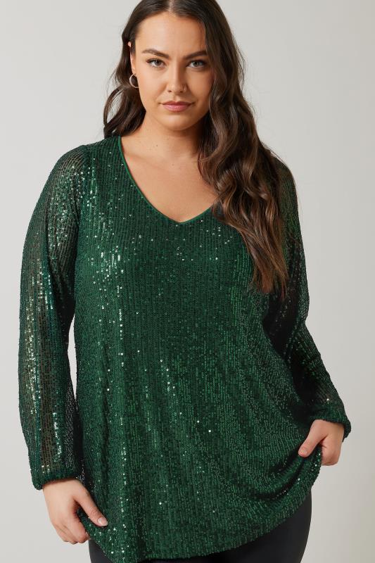 EVANS Plus Size Emerald Green Sequin Embellished Blouse Evans