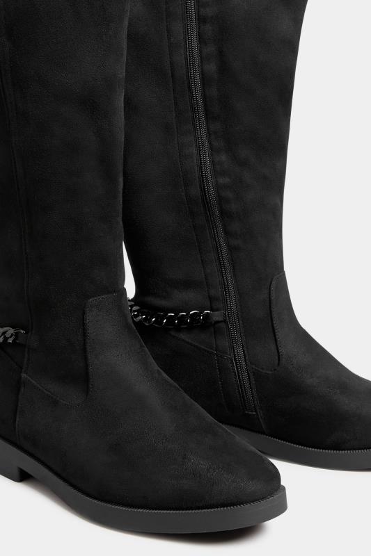 Curve Black Suede Knee High Chain Detail Boots In Wide E Fit & Extra Wide EEE Fit  5