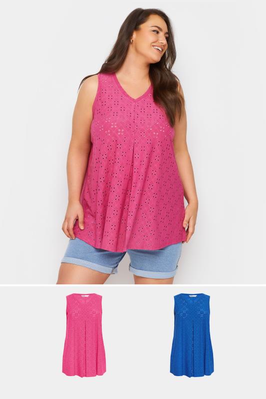 Plus Size  Yours 2 PACK Blue & Pink Broderie Anglaise Swing Vest Tops